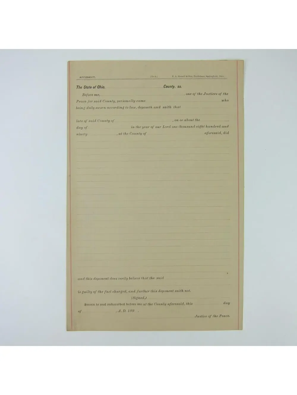 1890s Ohio Affidavit For State Warrant Record Form Blank Justice Antique RARE